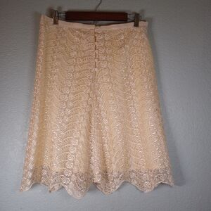 Express Lace Cream Butter Yellow Feminine Button Front Lace Hem Midi Skirt 7/8